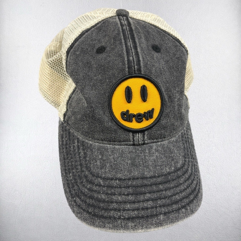 Drew House Mascot Team Trucker Hat Faded Black Wash Smiley Mesh Snapback Beiber
